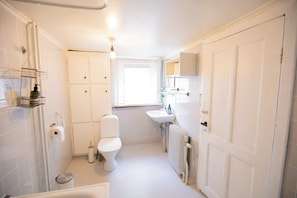 A bathroom with a toilet, sink, shower, and a radiator. - Charming Home in Sandavagur Near the Airport (Sandavágur)
