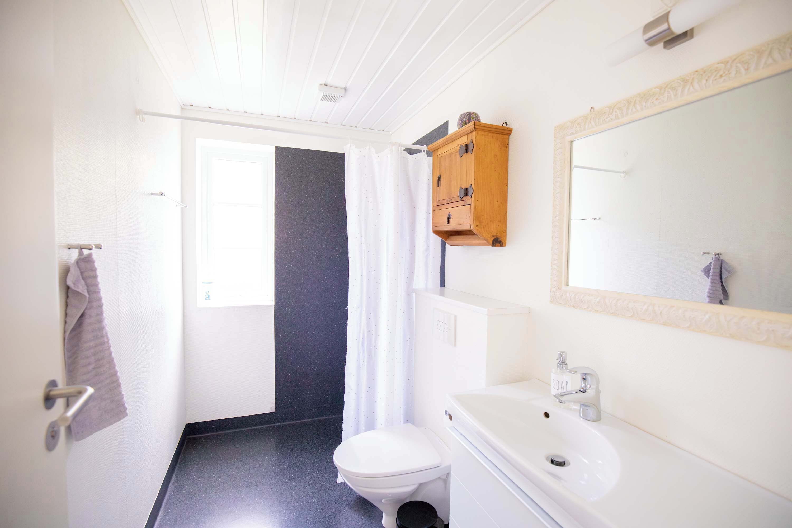 Shower, hair dryer, towels, shampoo