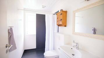 Shower, hair dryer, towels, shampoo