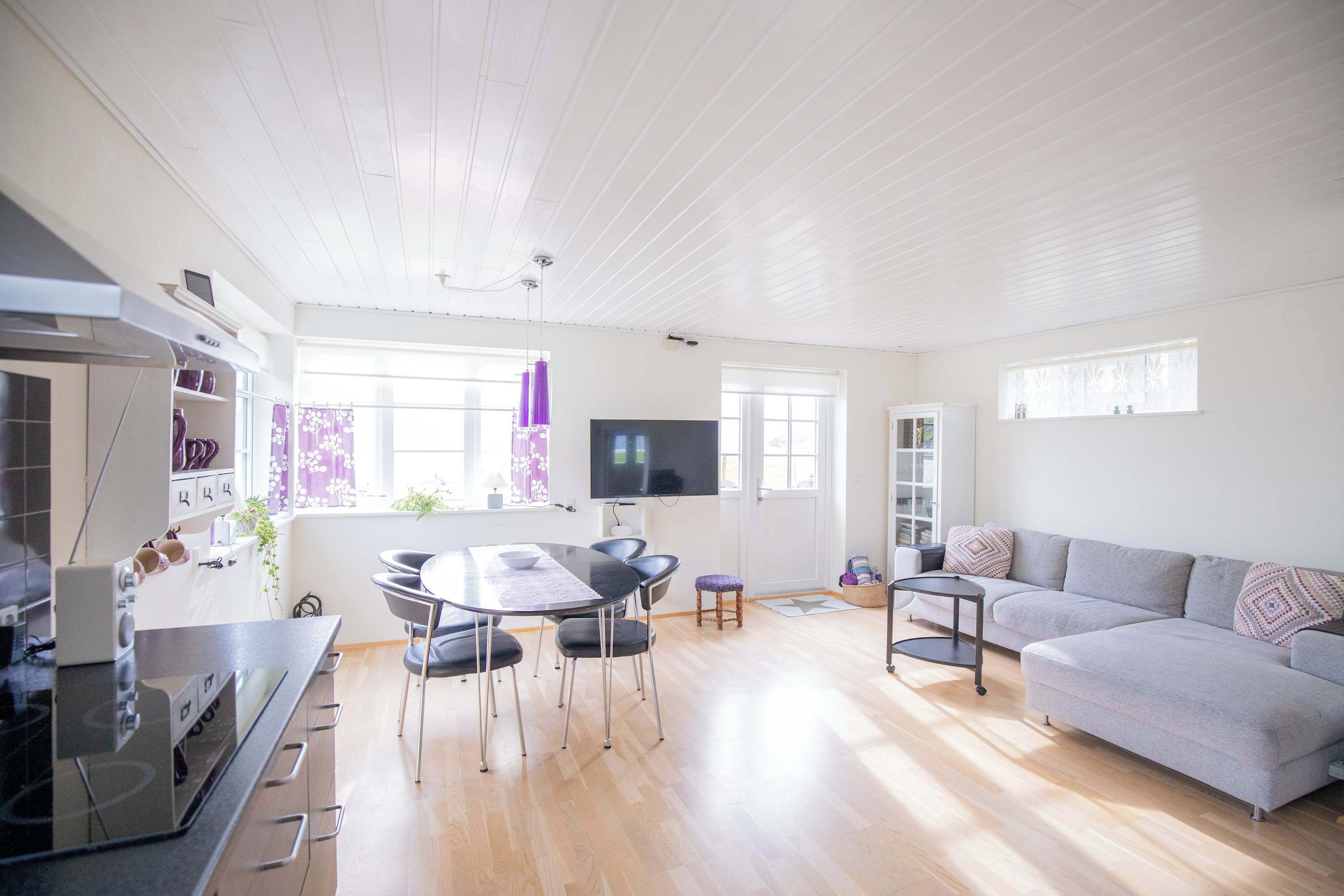 A spacious living area with a dining table, sofa, and kitchen appliances.