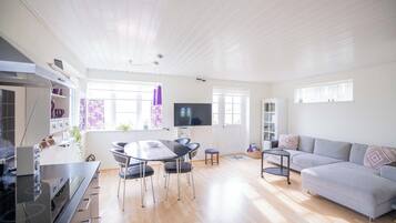 A spacious living area with a dining table, sofa, and kitchen appliances.