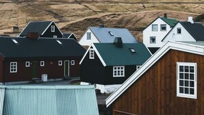 A mountain with a snow-capped peak in the background, surrounded by houses with green roofs.