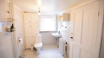 A bathroom with a toilet, sink, shower, and a radiator.