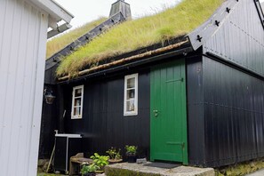 A black and green building with a green door, a window, and a small porch area with potted plants.