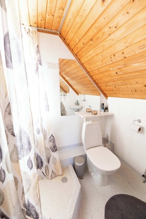 A compact bathroom with a wooden ceiling, a toilet, a sink, and a shower area. - Calm and remote seaside getaway in Husavik - A rustarinum (Húsavík)