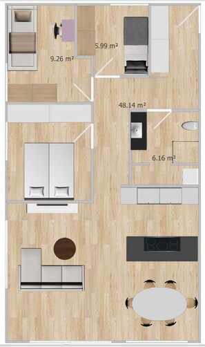 A floor plan of a hotel room with a kitchenette, a seating area, and a dining space. - New Luxury Apartment With Panorama Views (Hoyvík)