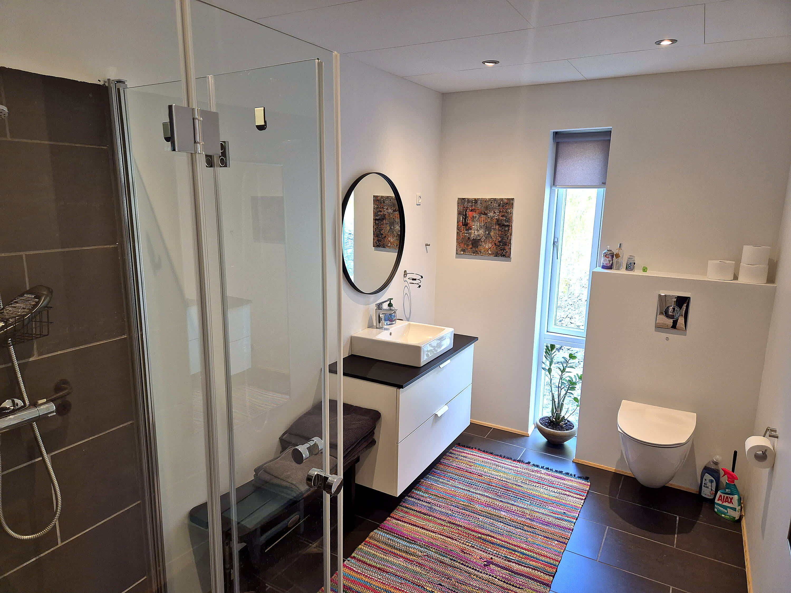 A modern bathroom with a glass shower enclosure, a white sink, a large mirror, and a colorful rug.