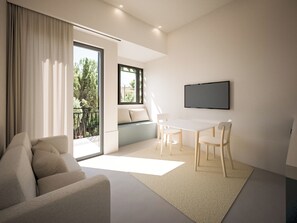 A modern living room with a sofa, a dining table with chairs, a flat-screen TV mounted on the wall, and a sliding glass door leading to an outdoor area. - KALI by Zoia Living (Kallithea)
