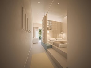 A modern bedroom with a bed, bedside lamps, and a view of the outdoors. - KALI by Zoia Living (Kallithea)