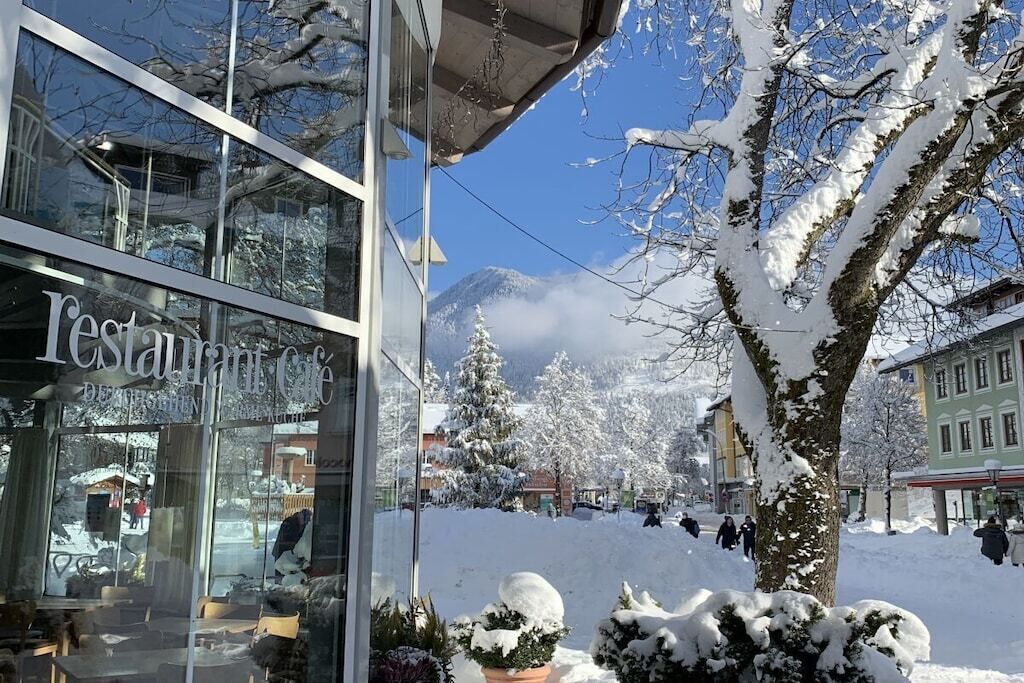 A restaurant with a glass facade, snow-covered trees, and a mountain in the background.
