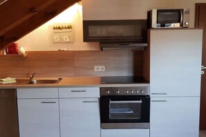 A compact kitchen with a microwave, oven, and sink. - Holiday apartment in Titisee with Wi-Fi (Titisee)