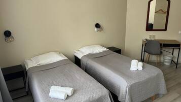 Een hotelkamer met twee enkele bedden, een bureau, een stoel en een spiegel.