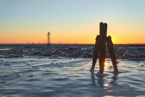 A person standing in a body of water with a sunset in the background. - Holiday apartment with 2 bedrooms (Fedderwardersiel-Butjadingen)