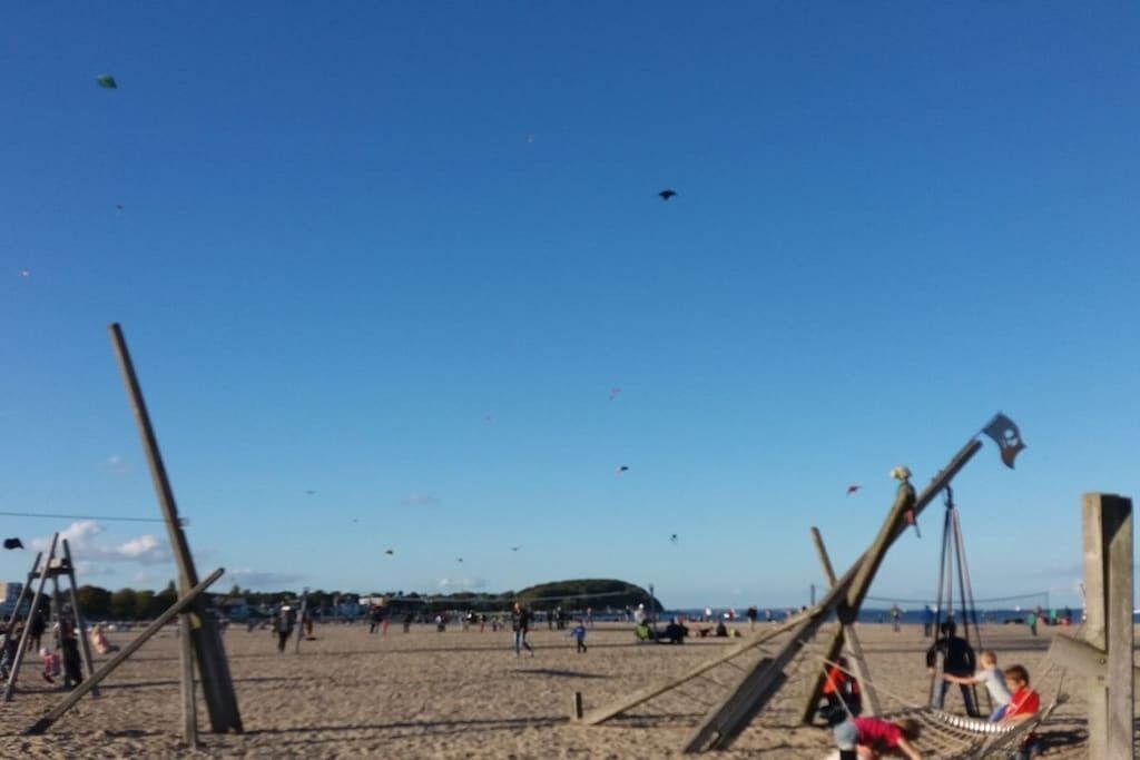 Une plage avec des balançoires et une zone de sable.