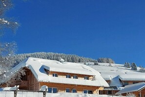 A wooden cabin with a sloped roof, surrounded by snow-covered trees and a clear blue sky. - Holiday apartment Bernau Dorf - Apartment West (Bernau)