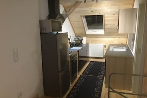 A compact kitchen with a refrigerator, microwave, and oven. There is a window above the sink and a skylight in the ceiling. - Holiday home in Morbach with swimming pool (Morbach)