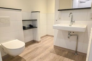 A bathroom with a toilet, a sink, and a mirror. - DO06 Holiday home Domburg (Domburg)