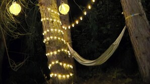 A hammock tied between two trees with string lights wrapped around the trunks.