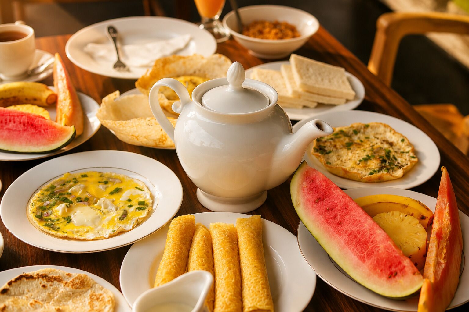 A breakfast setting with a teapot, plates of food including toast, eggs, and fruit.