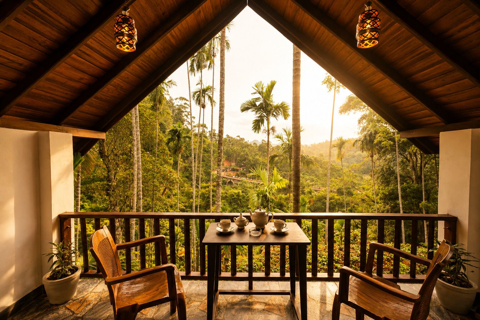 Un balcon en bois, agrémenté d’une table et de chaises, qui offre une vue sur un paysage luxuriant parsemé de palmiers.
