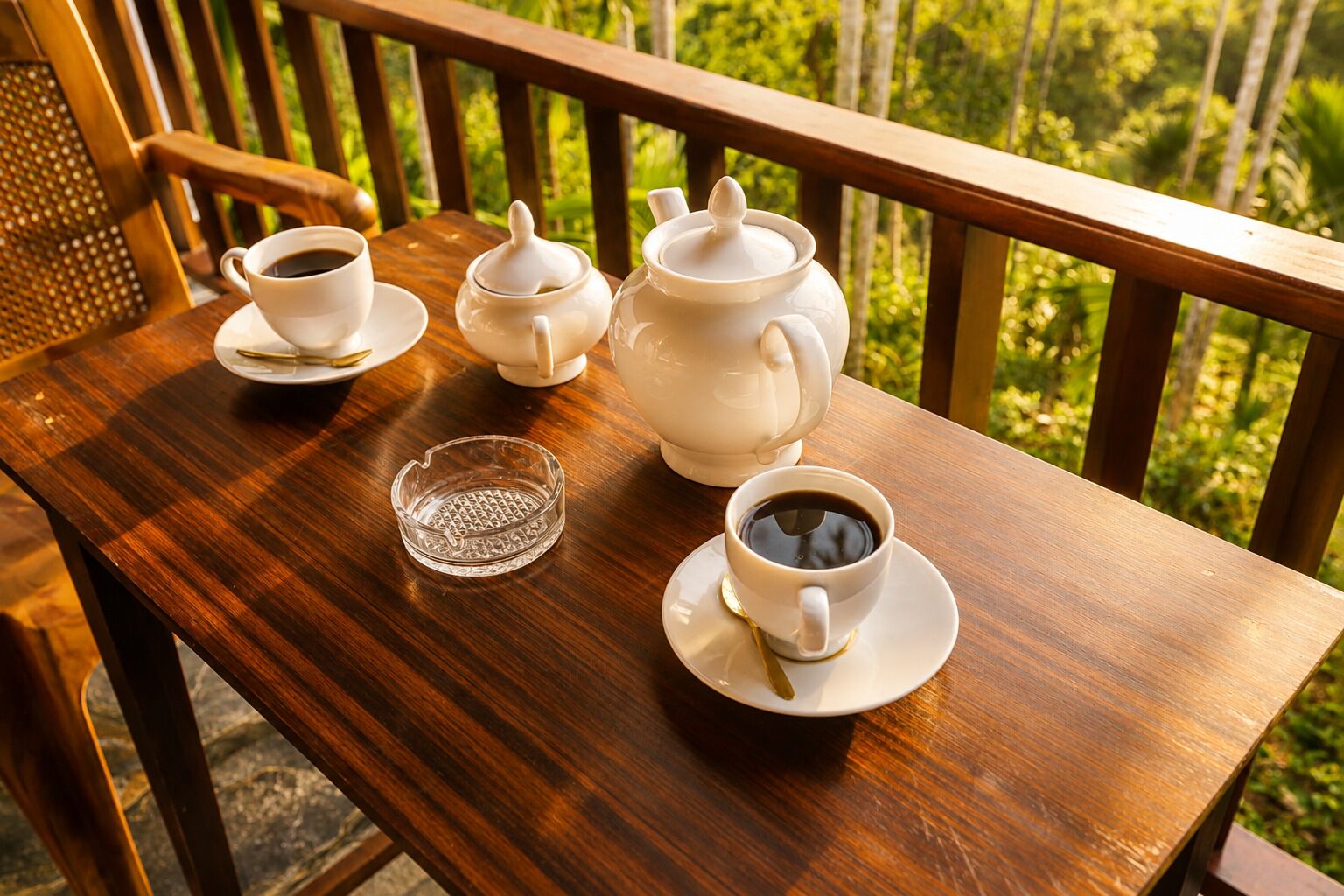 A wooden table with a set of white tea and coffee cups, a teapot, and a glass ashtray on a balcony with a view of greenery.