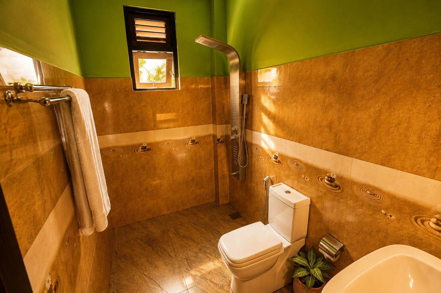 A bathroom with a shower, toilet, and sink.