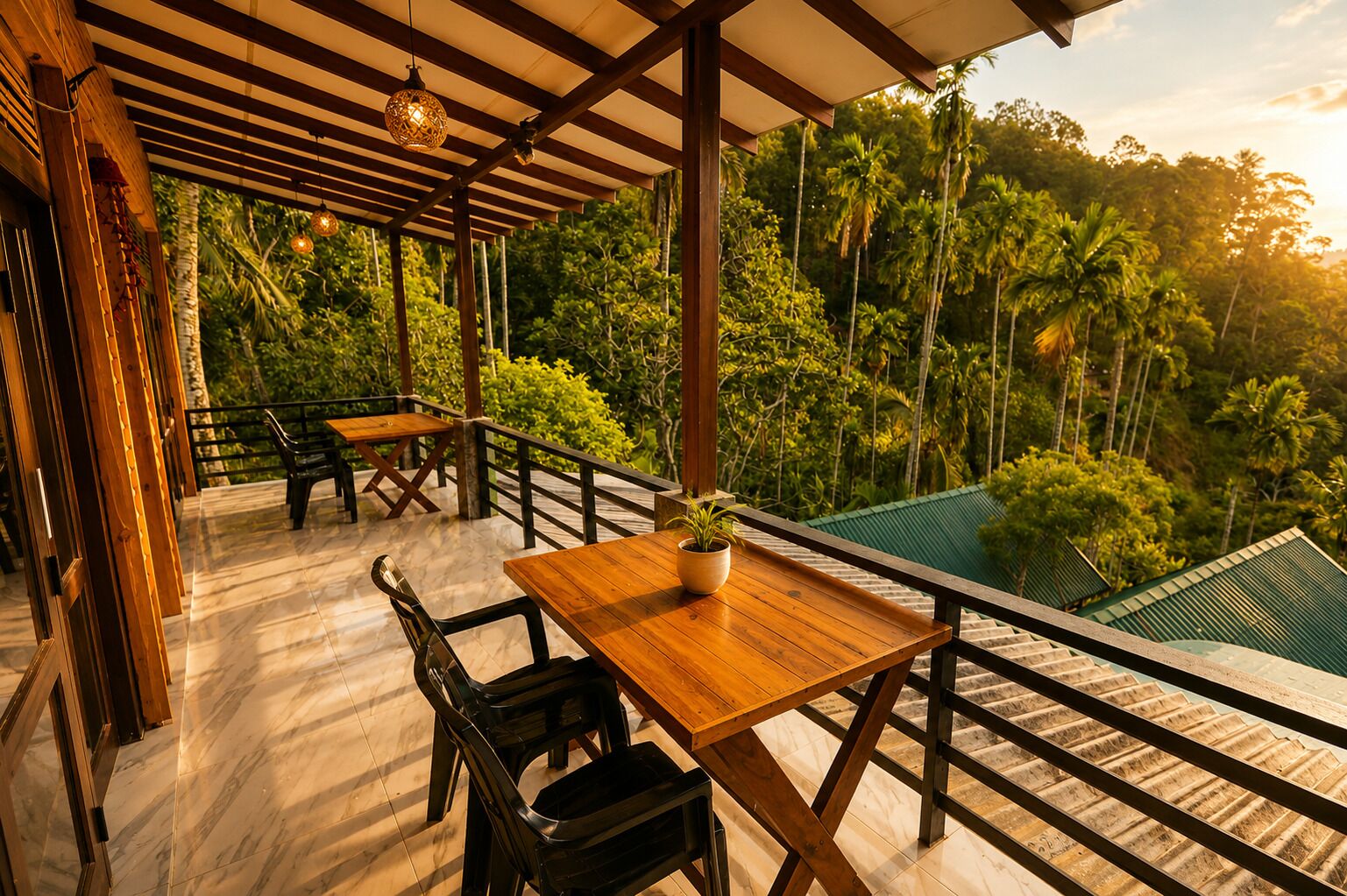 An outdoor wooden deck with a table and chairs, surrounded by lush greenery and palm trees.