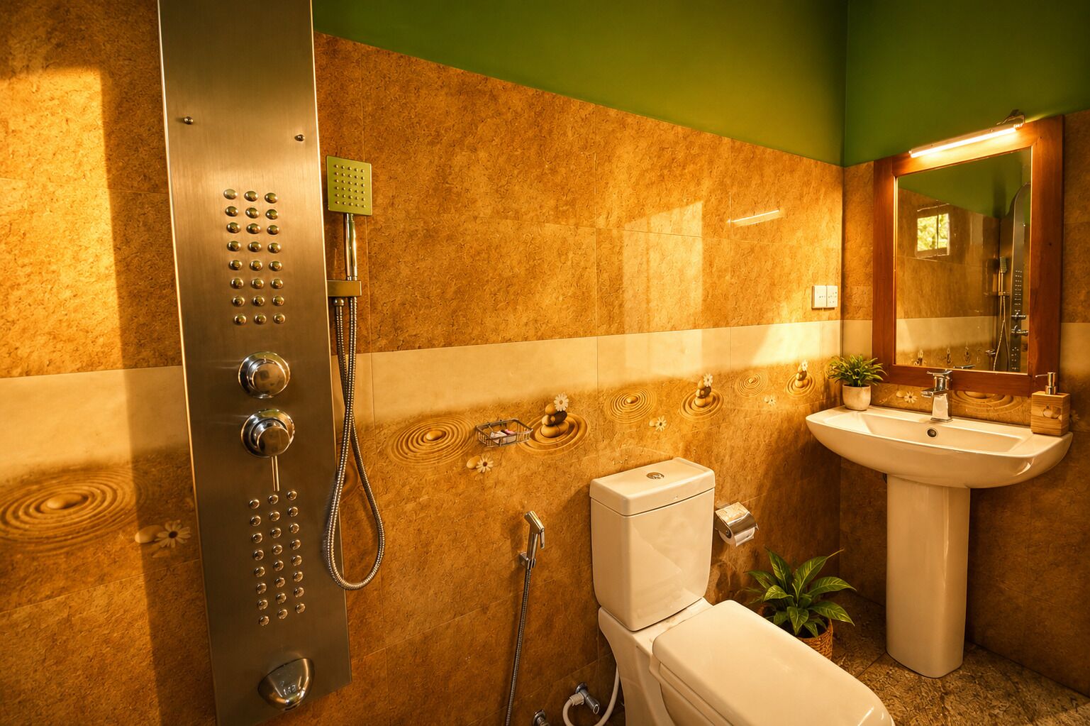A bathroom with a shower, toilet, sink, and a mirror.