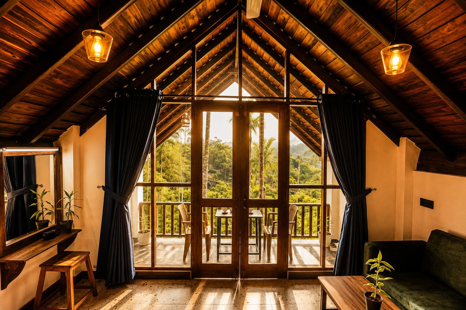 Una habitación con techo de madera inclinado, ventanas amplias y vistas a un paisaje exuberante.