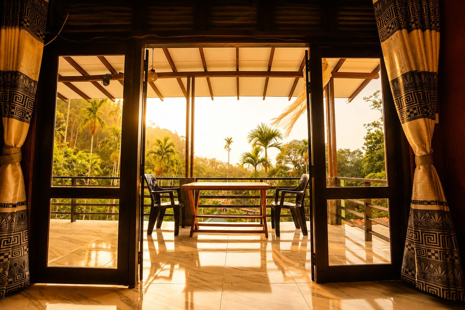 Quarto amplo com mesa e cadeiras, janelas grandes com cortinas e vista para o verde lá fora.