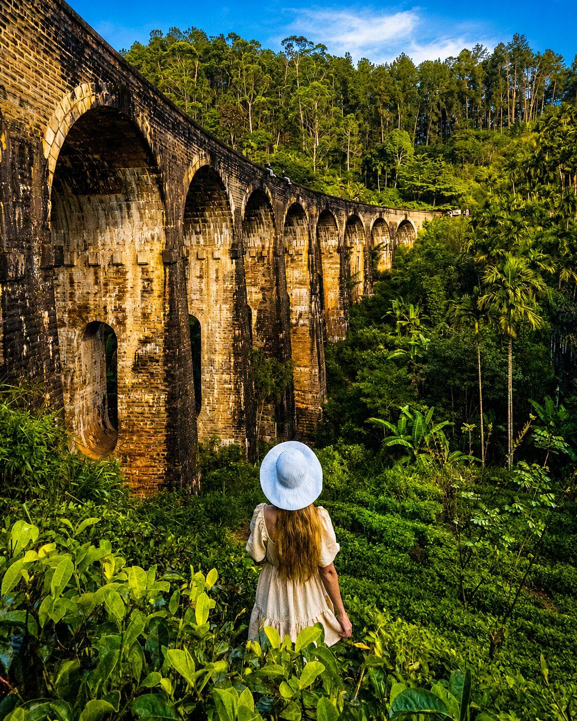 A woman in a white dress and hat standing in front of a brick bridge with arches, surrounded by lush greenery.