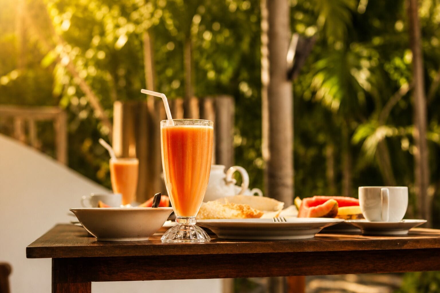 Une table à manger avec un verre de jus d’orange, une assiette de nourriture et une tasse.