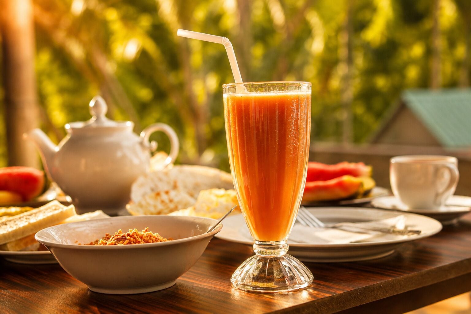 Mesa com copo de suco de laranja, bule e xícara de café, evocando um cenário de café da manhã.