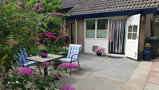 Une terrasse avec une table et des chaises, une porte avec des rideaux et un jardin parsemé de fleurs roses.