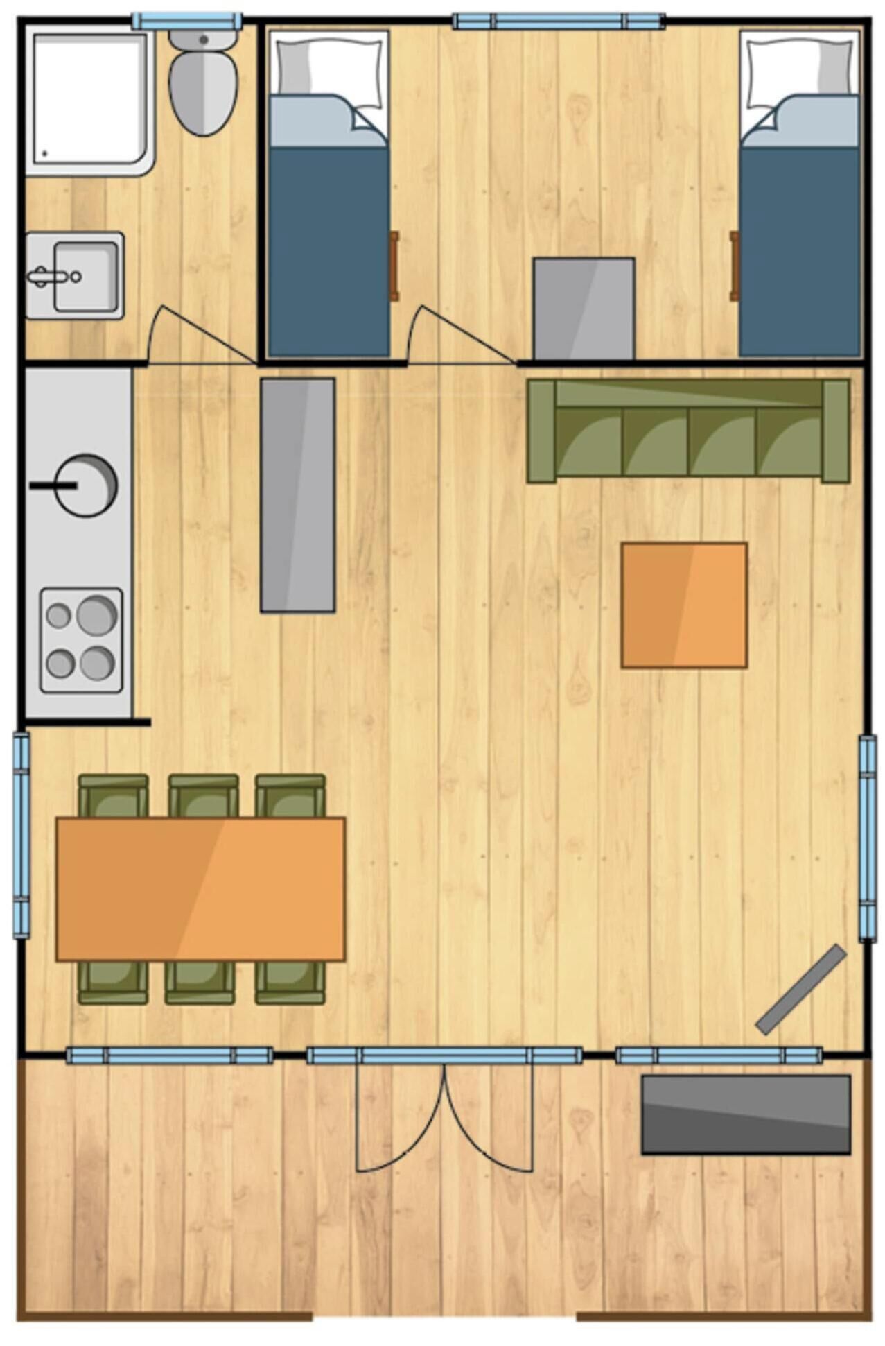A floor plan with two bedrooms, a bathroom, a kitchen, a dining area, and a living room.