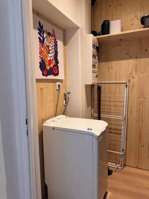 A laundry area with a washing machine, a drying rack, and a wooden wall with a decorative painting. - House for 6 people Saint-Nabord (Saint-Nabord)
