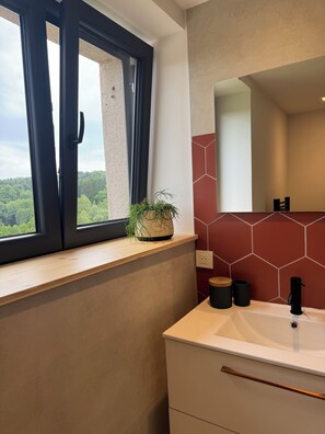 A bathroom with a window, a sink, and a mirror. - House for 6 people Saint-Nabord (Saint-Nabord)