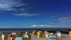 Strandliegen mit Nummern, ein klarer Himmel und das Meer im Hintergrund.