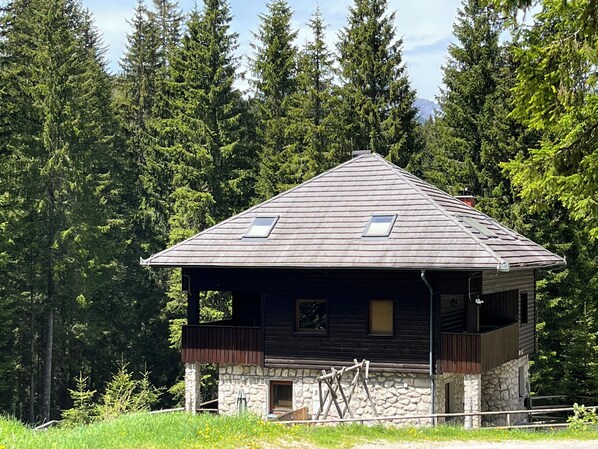 A cabin with a stone foundation, wooden walls, and a sloped roof with skylights. - Triglav NP Apartment - above Bled (Zgornje Gorje)