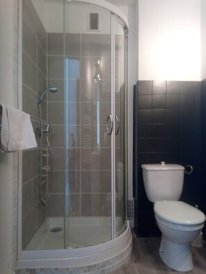 A bathroom with a glass-enclosed shower, a toilet, and a towel rack. - Fully equipped studio with a stunning view (Gréoux-les-Bains)