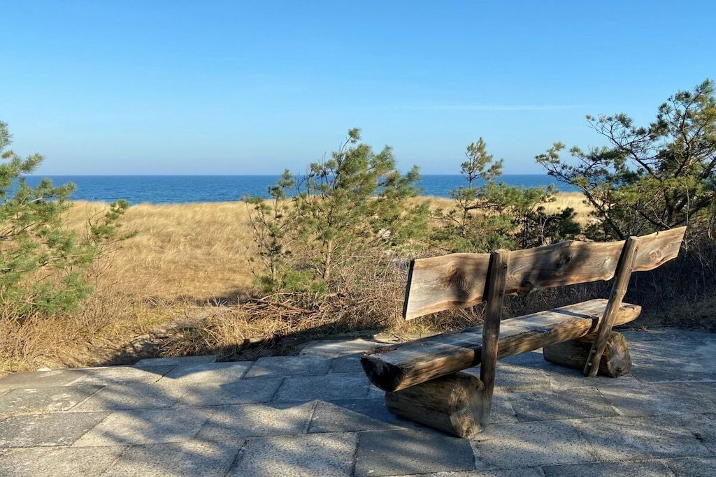 Eine Holzbank mit Blick auf das Meer und trockenes Gras.
