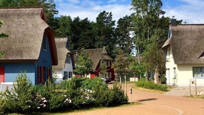 A row of traditional thatched-roof cottages with a dirt path leading through them. - Holiday home in Glowe with swimming pool (Glowe)