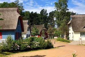 Une rangée de charmantes maisons traditionnelles aux toits de chaume, avec un sentier de terre qui les traverse.