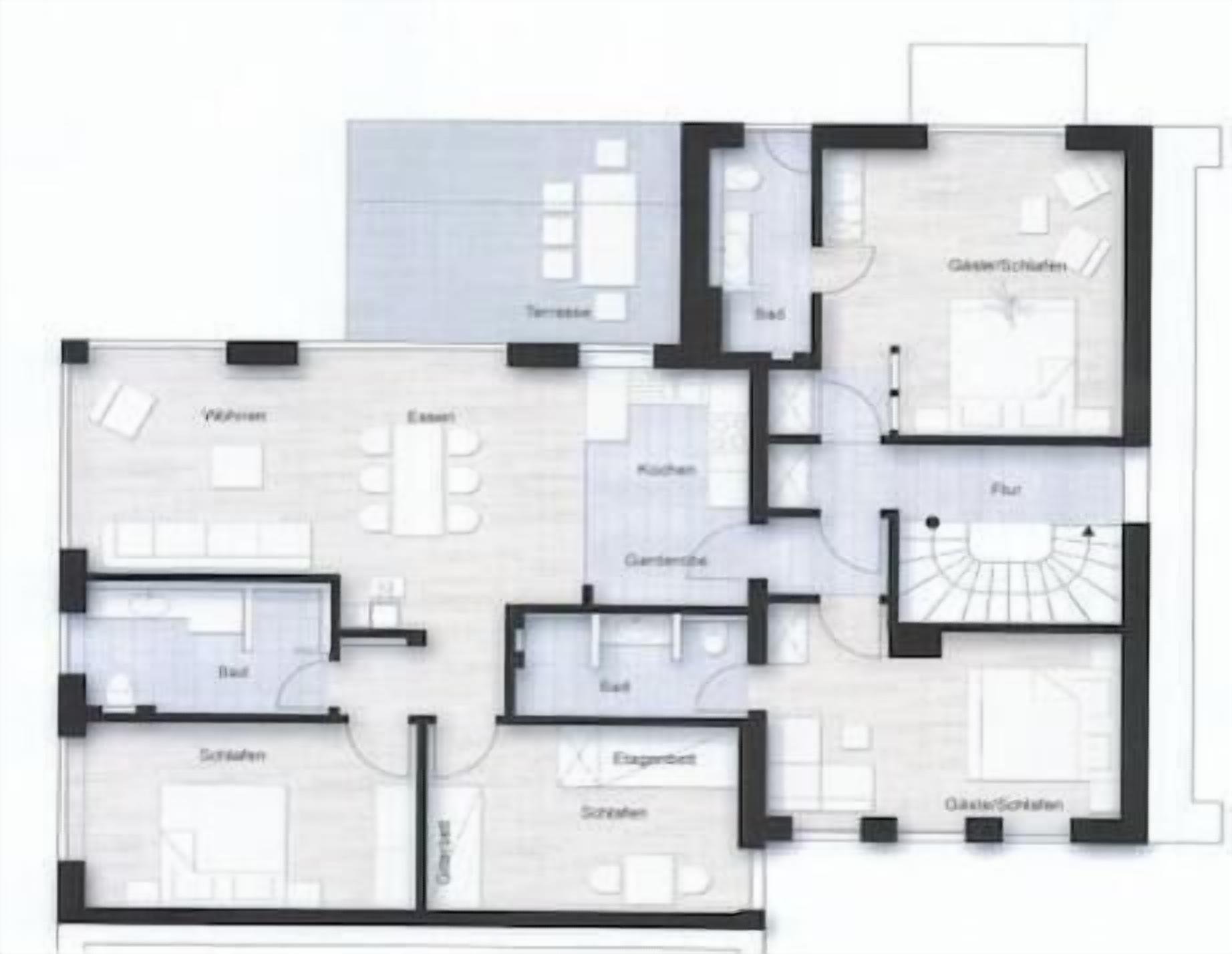 Ein Grundriss eines Hotels mit mehreren Zimmern, einem Essbereich und einem Fitnessraum.