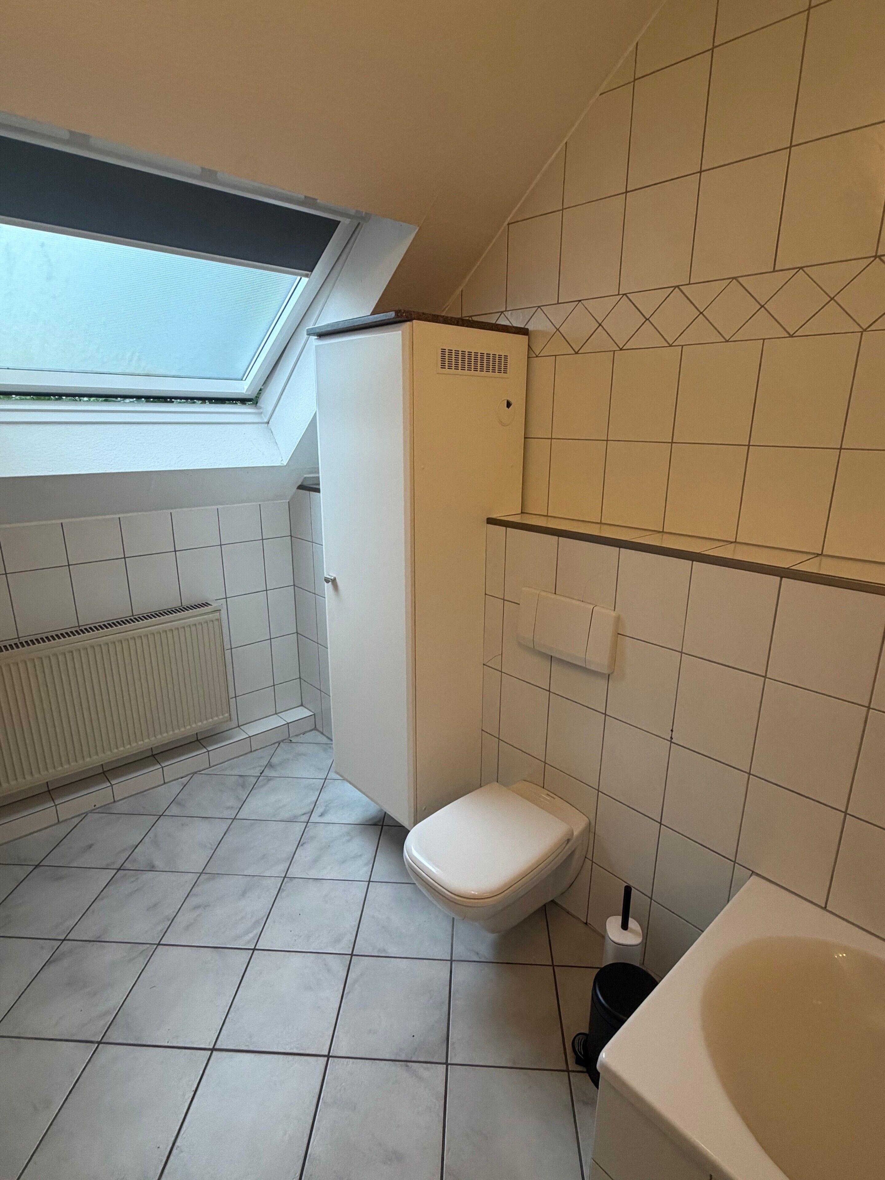 Ein Badezimmer mit Oberlicht, Toilette, Badewanne und Heizkörper.