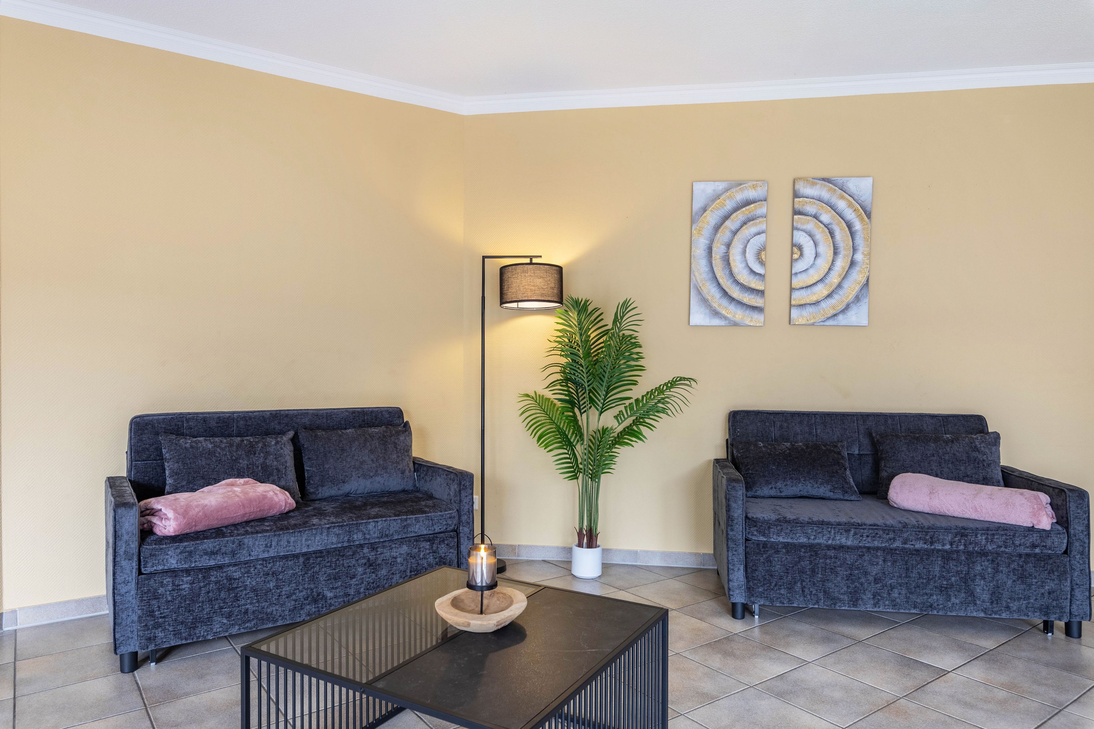 A modern living room with two dark grey sofas, a glass coffee table, a floor lamp, and a potted plant.