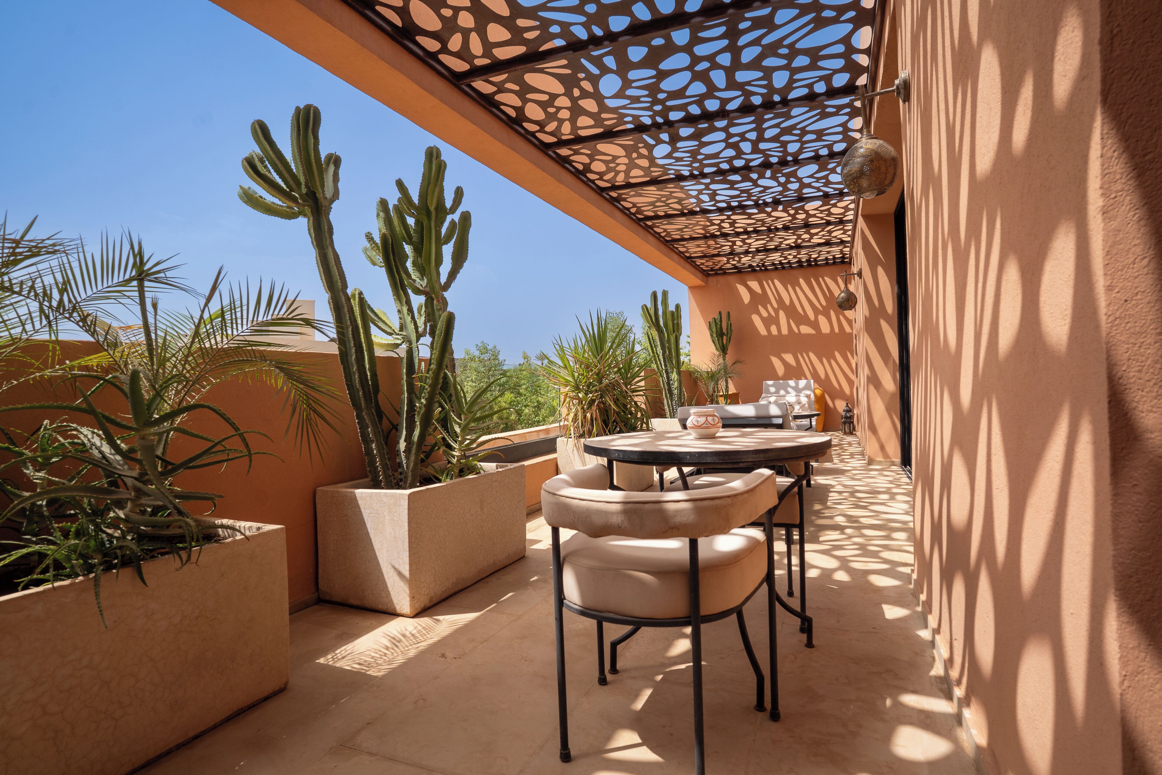 Une terrasse extérieure avec une table et des chaises, entourée de jardinières contenant des cactus et d’autres plantes.