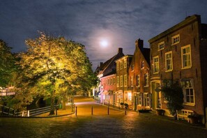 Une scène de rue nocturne, avec un ciel illuminé par la lune, un chemin bordé d’arbres et des bâtiments traditionnels en briques dont on peut voir les fenêtres et les portes.