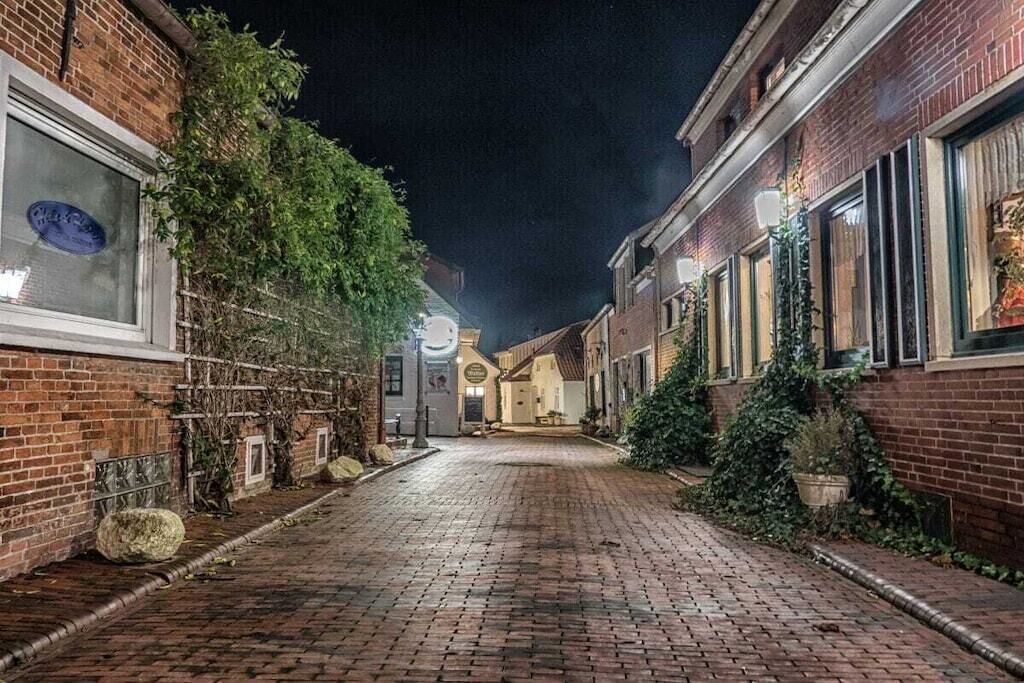 A narrow brick alleyway with buildings on either side, some with visible windows and doors.