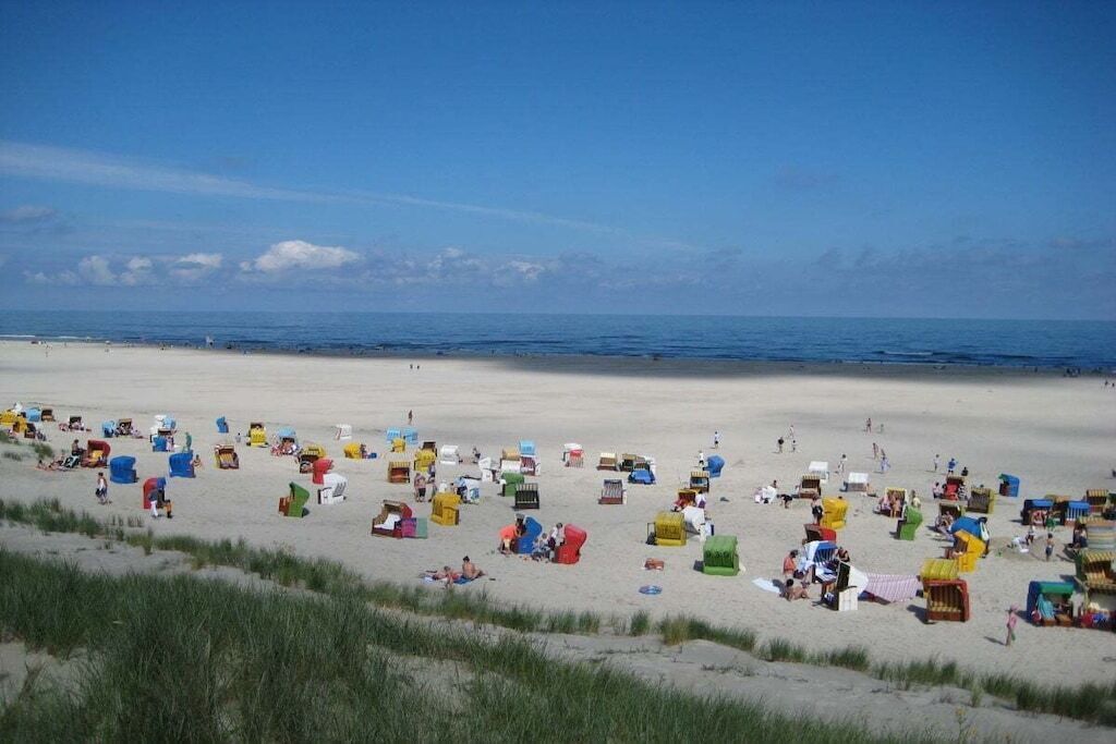 Une plage où de nombreuses chaises de plage et des parasols aux couleurs vives sont disposés sur le sable.